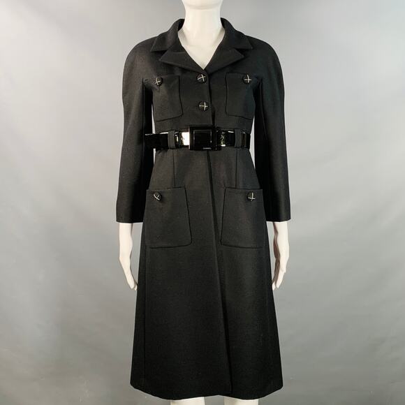 CHANEL Vintage AW07 Size 4 Black Wool Patent Leather 3/4 Sleeves Belted Coat - Picture 1 of 10